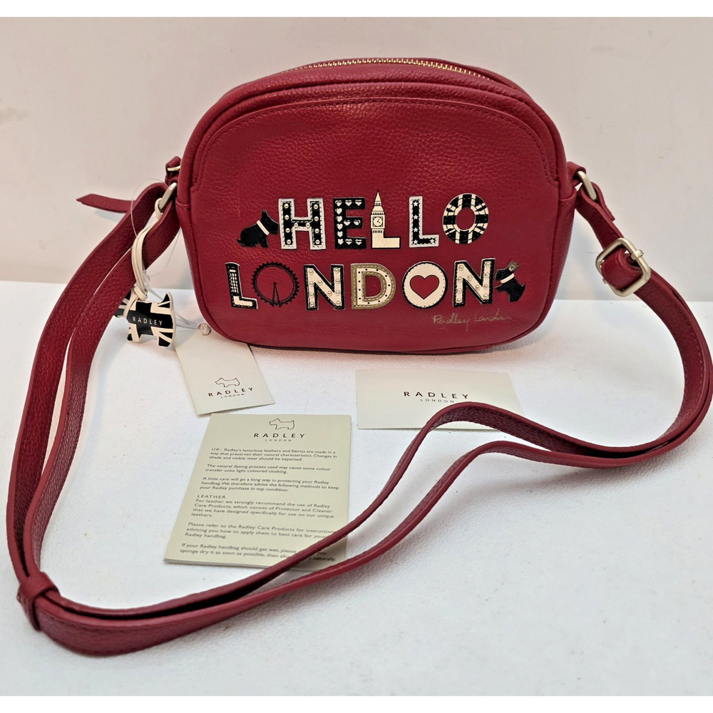 Radley Hello London Red Crossbody Leather Purse w/Dog Charm Limited Edition